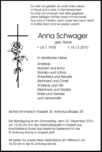 Traueranzeige von Anna Schwager von Tageszeitung
