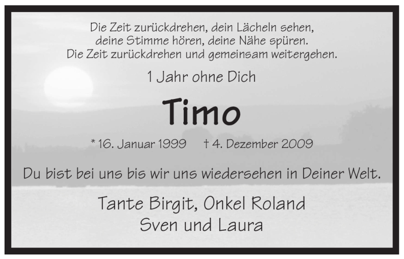  Traueranzeige für Timo  vom 04.12.2010 aus Tageszeitung
