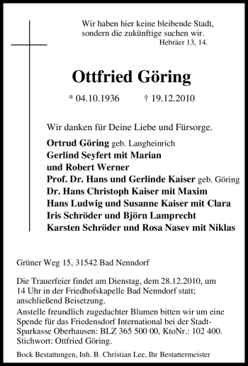 Traueranzeige von Ottfried Göring von Tageszeitung