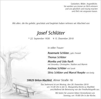 Traueranzeige von Josef Schlüter von Tageszeitung