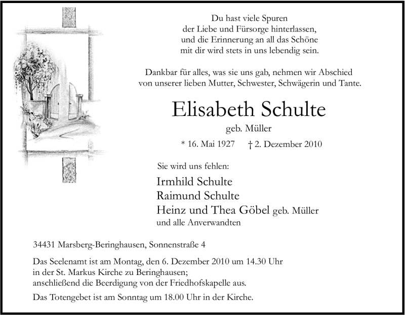  Traueranzeige für Elisabeth Schulte vom 04.12.2010 aus Tageszeitung