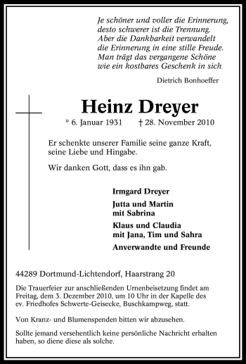 Traueranzeige von Heinz Dreyer von Tageszeitung