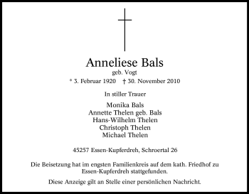 Traueranzeige von Anneliese Bals von Tageszeitung