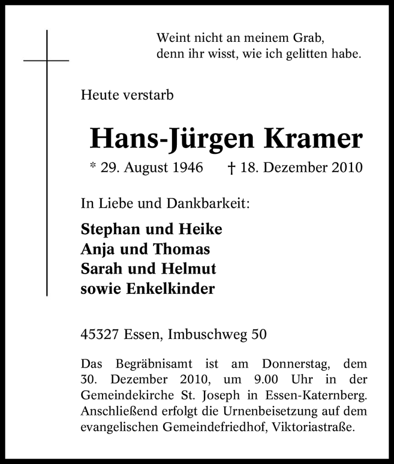  Traueranzeige für Hans-Jürgen Kramer vom 23.12.2010 aus Tageszeitung