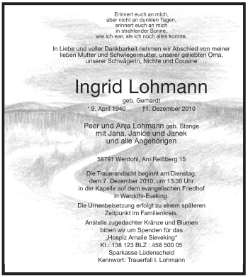 Traueranzeige von Ingrid Lohmann von Tageszeitung