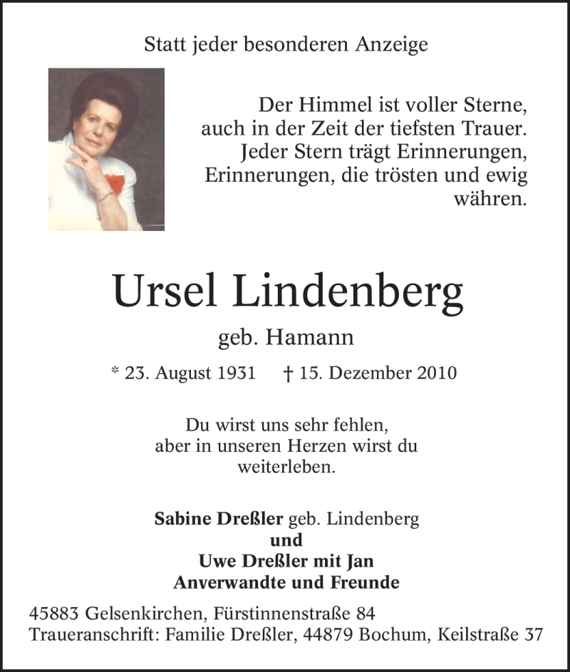  Traueranzeige für Ursel Lindenberg vom 21.12.2010 aus Tageszeitung