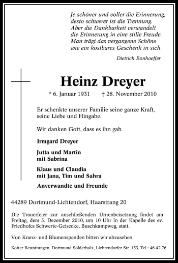 Traueranzeige von Heinz Dreyer von Tageszeitung