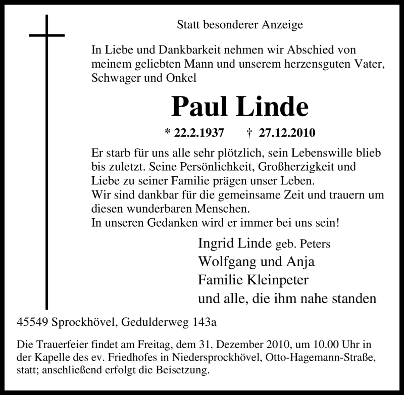  Traueranzeige für Paul Linde vom 29.12.2010 aus Tageszeitung