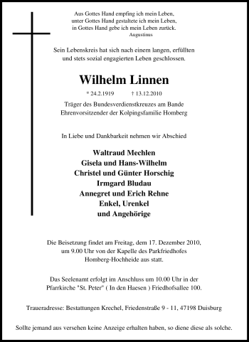 Traueranzeige von Wilhelm Linnen von Tageszeitung