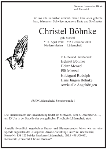 Traueranzeige von Christel Böhnke von Tageszeitung