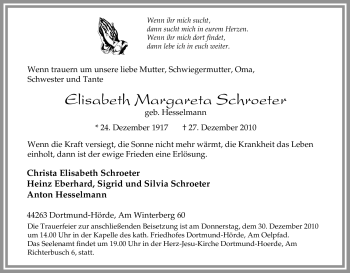 Traueranzeige von Elisabeth Margareta Schroeter von Tageszeitung