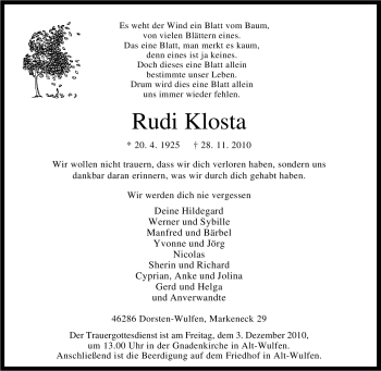 Traueranzeige von Rudi Klosta von Tageszeitung