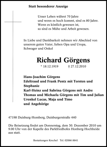 Traueranzeige von Richard Görgens von Tageszeitung