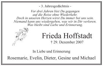 Traueranzeige von Frieda Hoffstadt von Tageszeitung