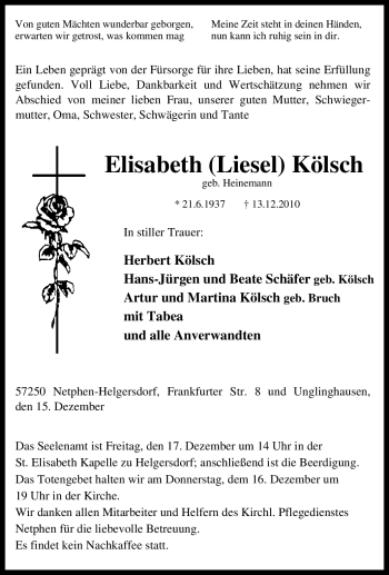 Traueranzeige von Elisabeth Kölsch von Tageszeitung