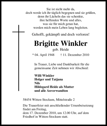Traueranzeige von Brigitte Winkler von Tageszeitung