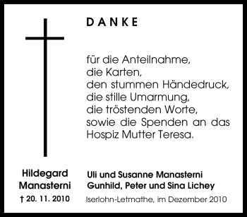 Traueranzeige von Hildegard Manasterni von Tageszeitung