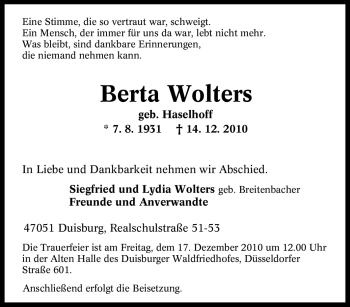 Traueranzeige von Berta Wolters von Tageszeitung