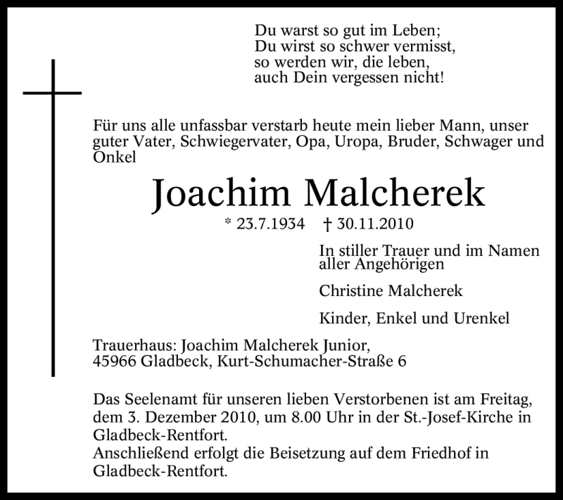  Traueranzeige für Joachim Malcherek vom 02.12.2010 aus Tageszeitung