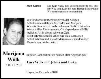 Traueranzeige von Marijana Wölk von Tageszeitung