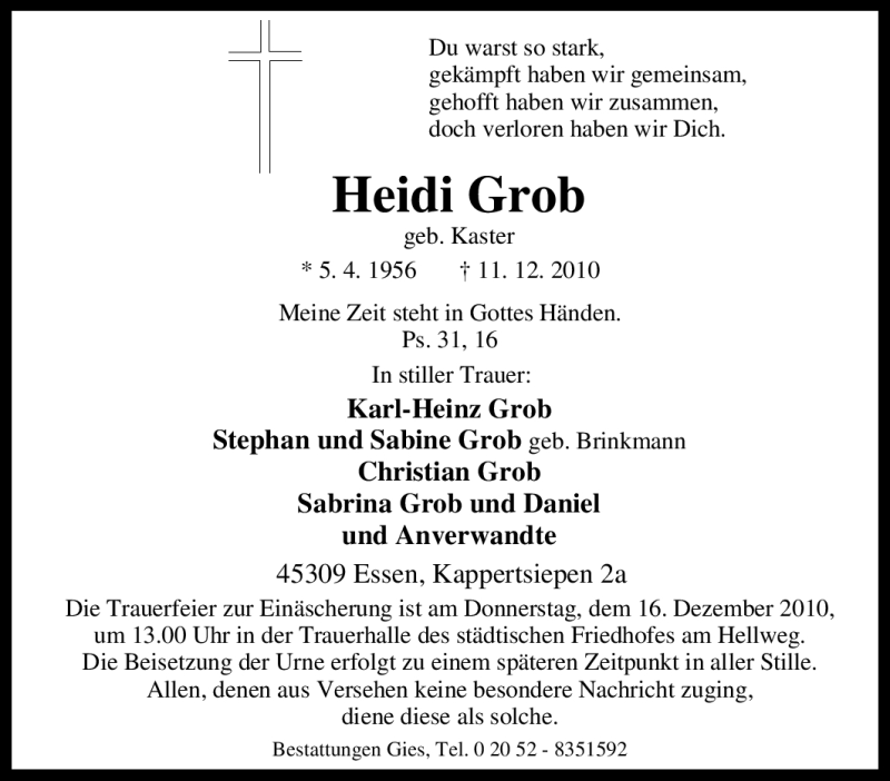  Traueranzeige für Heidi Grob vom 14.12.2010 aus Tageszeitung