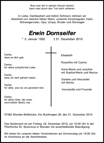 Traueranzeige von Erwin Dornseifer von Tageszeitung