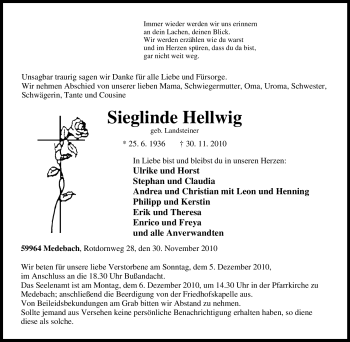 Traueranzeige von Sieglinde Hellwig von Tageszeitung