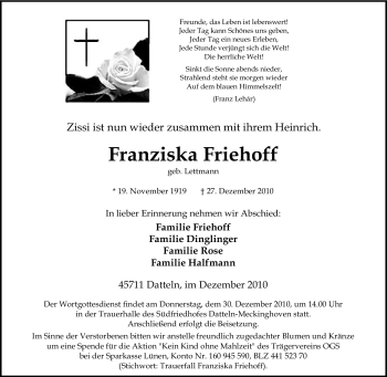 Traueranzeige von Franziska Friehoff von Tageszeitung