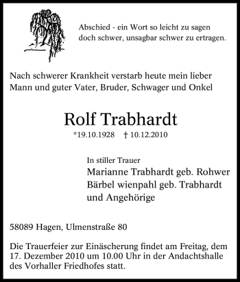 Traueranzeige von Rolf Trabhardt von Tageszeitung