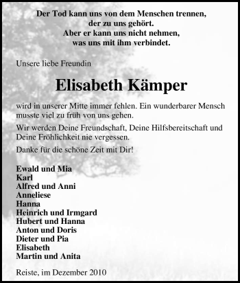 Traueranzeige von Elisabeth Kämper von Tageszeitung