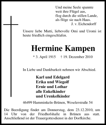 Traueranzeige von Hermine Kampen von Tageszeitung