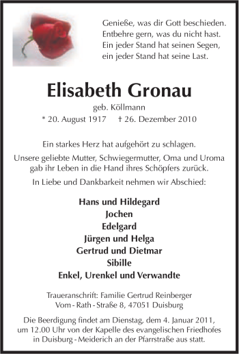 Traueranzeige von Elisabeth Gronau von Tageszeitung