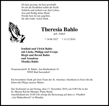 Traueranzeige von Theresia Bahlo von Tageszeitung
