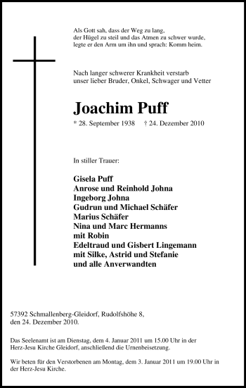 Traueranzeige von Joachim Puff von Tageszeitung