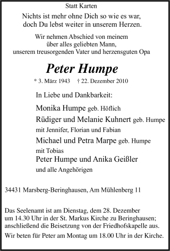 Traueranzeige von Peter Humpe von Tageszeitung