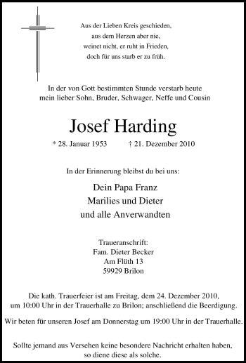 Traueranzeigen von Josef Harding TrauerinNRW.de