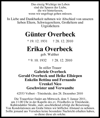 Traueranzeige von Erika Overbeck von Tageszeitung