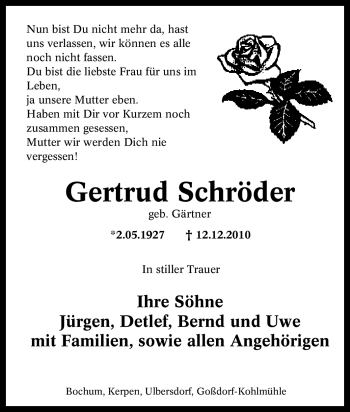 Traueranzeige von Gertrud Schröder von Tageszeitung