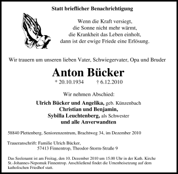 Traueranzeige von Anton Bücker von Tageszeitung