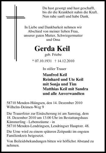 Traueranzeige von Gerda Keil von Tageszeitung