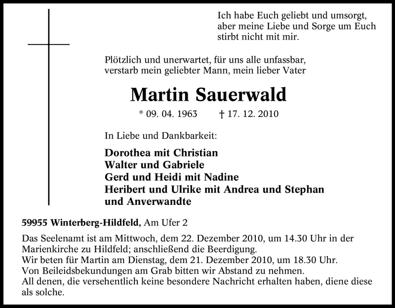  Traueranzeige für Martin Sauerwald vom 20.12.2010 aus Tageszeitung