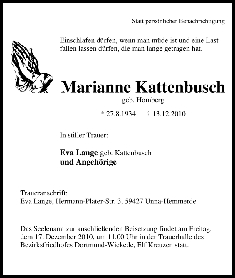  Traueranzeige für Marianne Kattenbusch vom 15.12.2010 aus Tageszeitung