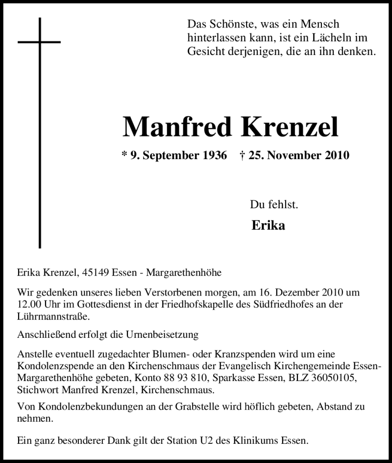  Traueranzeige für Manfred Krenzel vom 15.12.2010 aus Tageszeitung