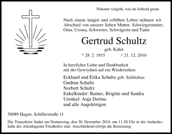 Traueranzeige von Gertrud Schultz von Tageszeitung