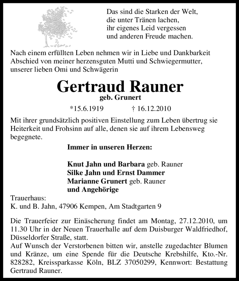 Traueranzeige für Gertraud Rauner vom 22.12.2010 aus Tageszeitung