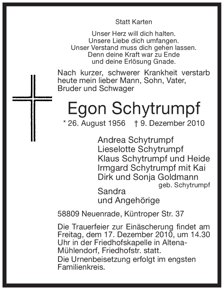 Traueranzeige für Egon Schytrumpf vom 11.12.2010 aus Tageszeitung