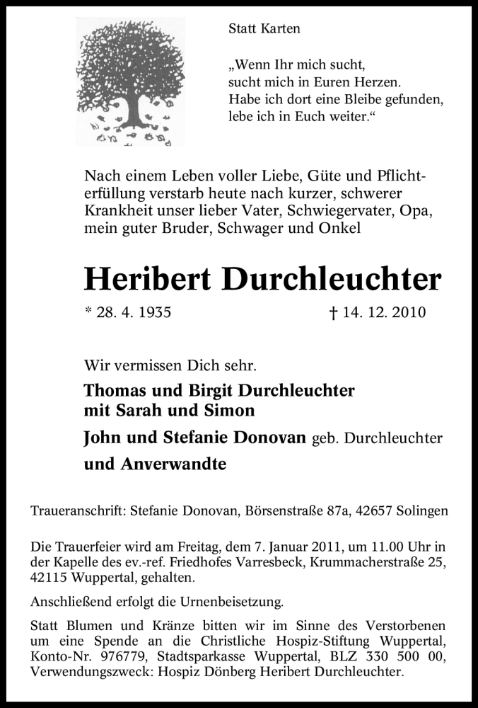  Traueranzeige für Heribert Durchleuchter vom 30.12.2010 aus Tageszeitung