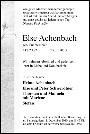 Traueranzeige von Else Achenbach von Tageszeitung