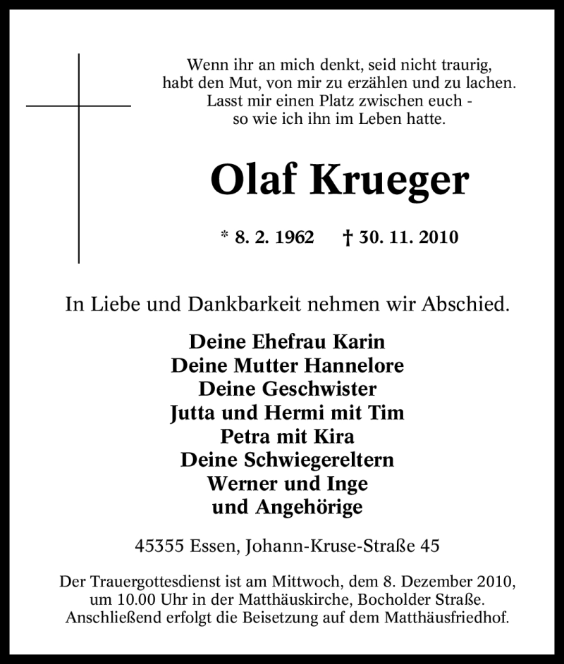  Traueranzeige für Olaf Krueger vom 02.12.2010 aus Tageszeitung