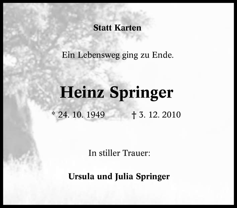 Traueranzeigen von Heinz Springer TrauerinNRW.de